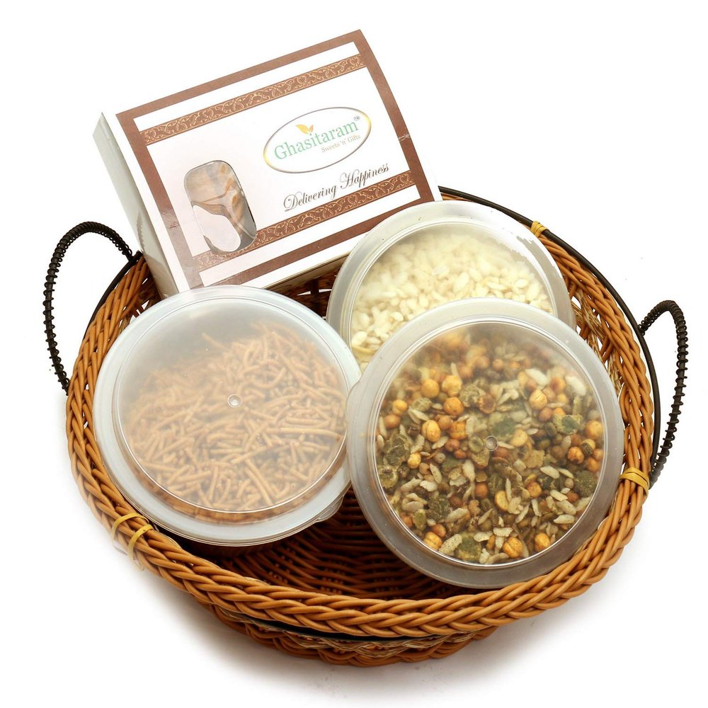 Ghasitaram Gifts Holi- Sweets/ Holi Hampers/ Big Cane Basket of Air Fried Gujiyas,SOYA Sev,Diet Chiwda and Roasted Protein Namkeen