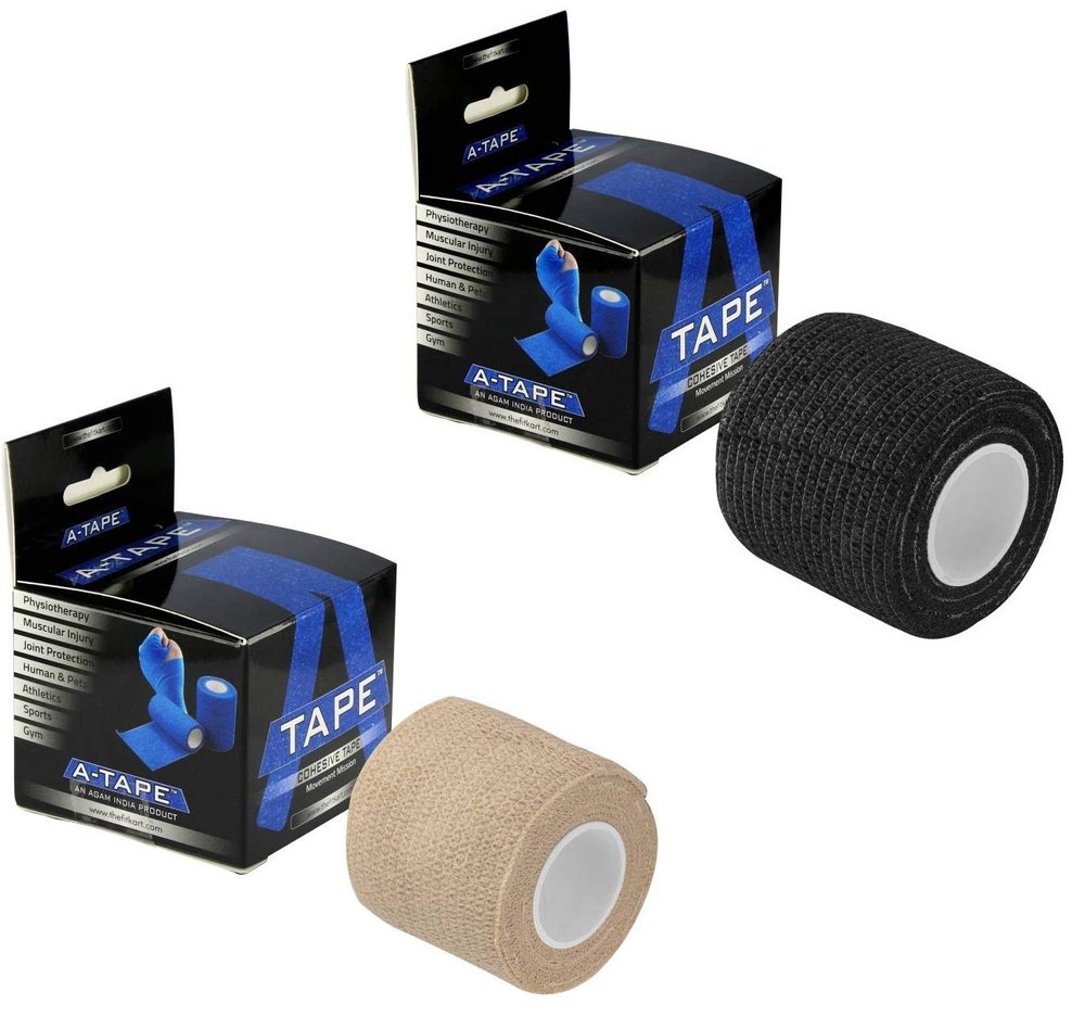 Agam A-Tape Cohesive Self Adhesive Bandage | Self-Adhesive Compression Wrap  Sports, Gym & Joint Protection Tape| (Reusable & Waterproof, 5 cm X 4.5 Mtr) Crepe Bandage Pack of 2 (Beige & Black)
