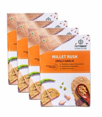 Nutribee Multi-Millet Rusk - Chilli Garlic - No Maida Or Sugar, No Added Flavours, Preservative Free - Pack Of 4 (200Gm Each) - Ragi, Butter