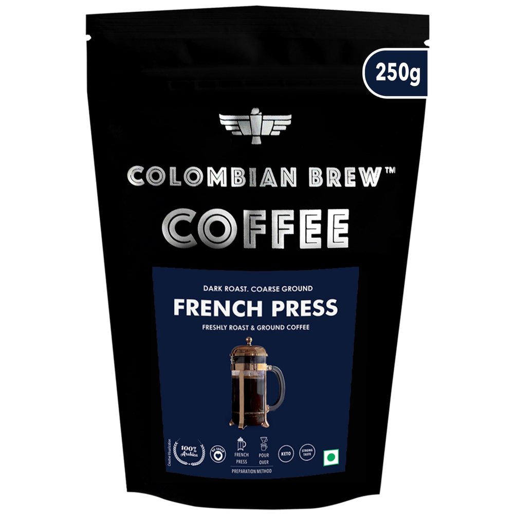 COLOMBIAN BREW COFFEE Colombian Brew Arabica French Press Coffee Powder, Dark Roast Strong, 250g (Make Hot or Cold Brew)