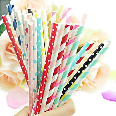 E Shopping Biodegradable Paper Drinking Straws pack of 100pcs with 6mm diameter for Juices, Shakes, Smoothies, Party Supplies Decorations (Random Colours and Designs)