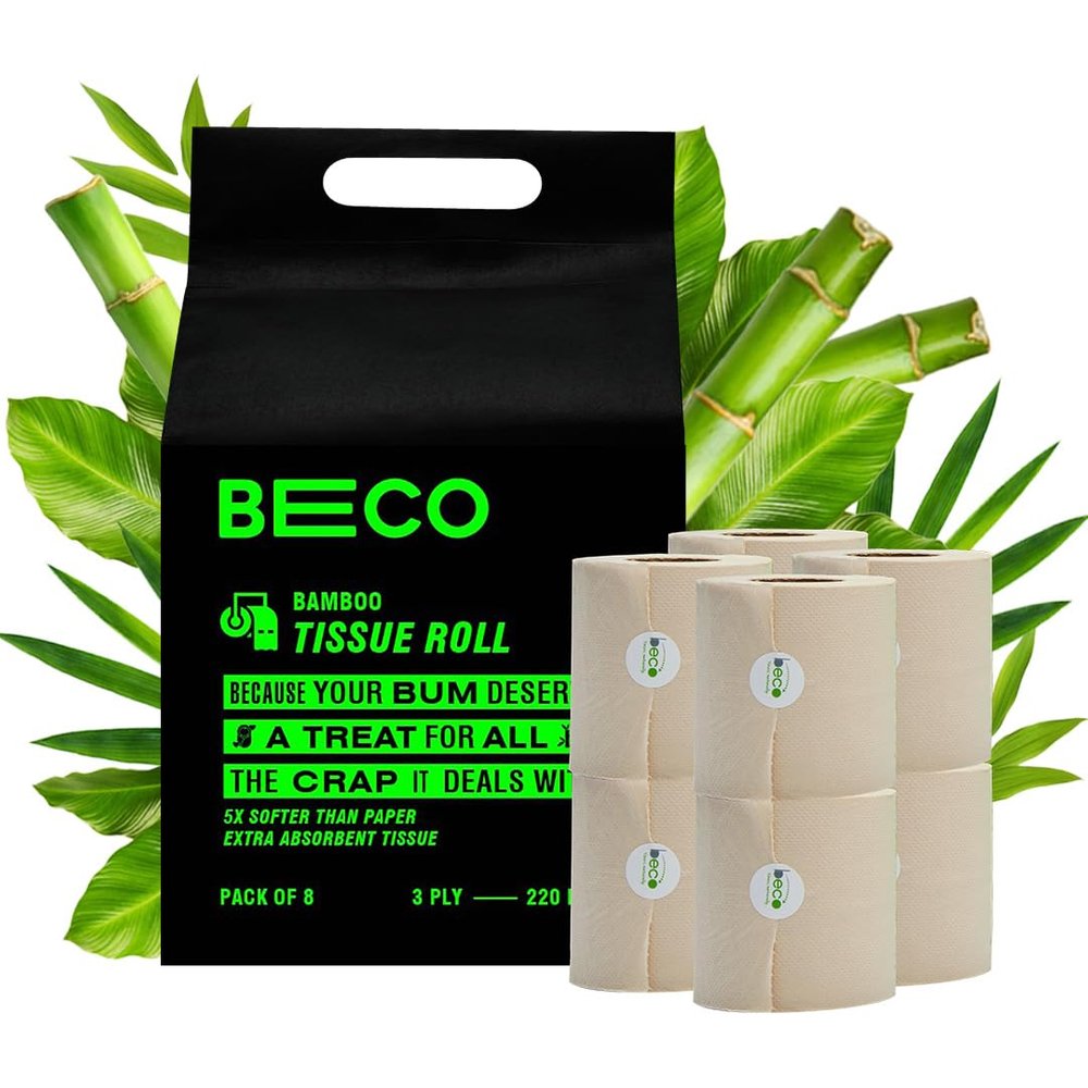 Beco Toilet Tissue Rolls | 3-ply, 1760 Pulls (220 x 8 Rolls) | Tissue Paper Roll, Toilet Paper, Toilet Roll Eco Friendly, Soft & Highly Absorbent, 100% Natural Bamboo, Chemical-Free, Hypoallergenic