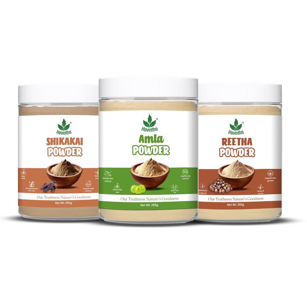 Havintha Natural Amla Reetha Shikakai Powder For Healthy Hair | Herbal Hair Cleanser & Conditioner | Dandruff Removal , Scalp Nourishment & Strengthening for Men & Women - Each 250gm (Combo Pack of 3)