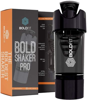 Boldfit Gym Shaker Pro Cyclone Shaker 500ml with Extra Compartment, 100% Leakproof Guarantee, Ideal for Protein, Preworkout and BCAAs, BPA Free Material Sipper Bottle (Black) Material : Plastic
