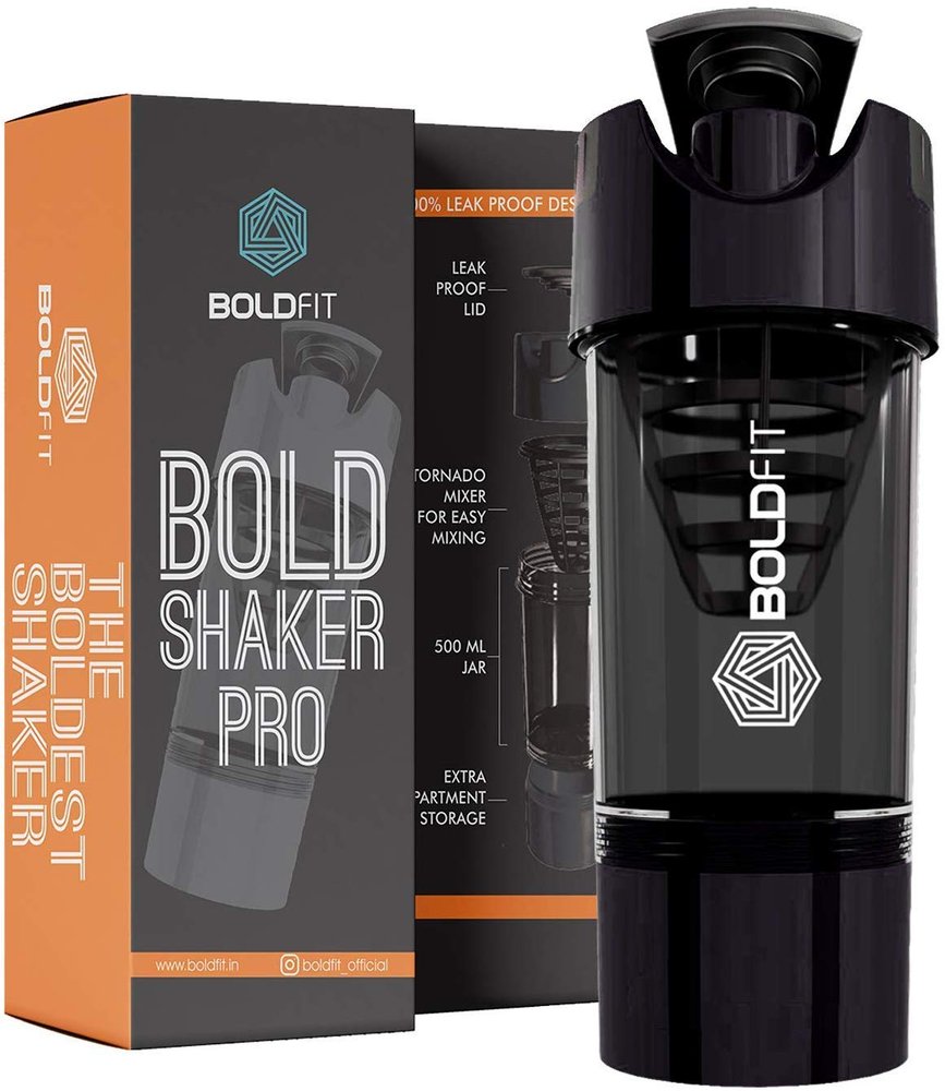 Boldfit Gym Shaker Pro Cyclone Shaker 500ml with Extra Compartment, 100% Leakproof Guarantee, Ideal for Protein, Preworkout and BCAAs, BPA Free Material Sipper Bottle (Black) Material : Plastic