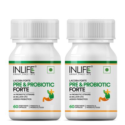 INLIFE Prebiotic and Probiotics Forte Supplement for Men & Women 25 billion CFU with 14 Strains | Digestion Gut & Immunity Health Supplement (Pack of 2)