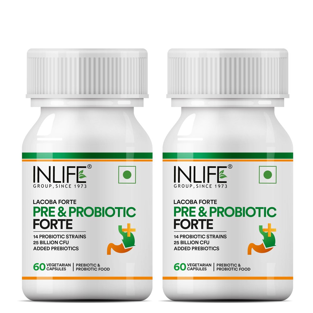 INLIFE Prebiotic and Probiotics Forte Supplement for Men & Women 25 billion CFU with 14 Strains | Digestion Gut & Immunity Health Supplement (Pack of 2)