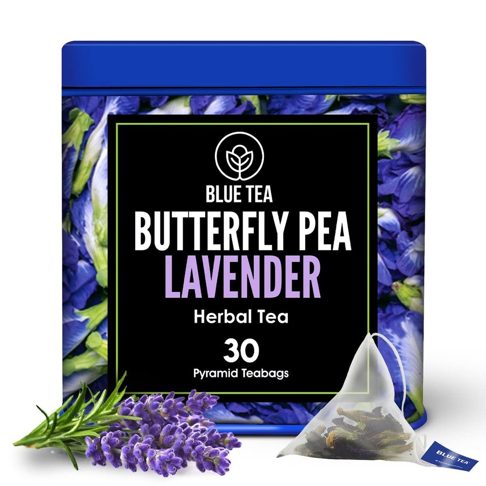 BLUE TEA - Butterfly Pea Flower Lavender 30 Tea Bags - Plant Based | CALMING TEA | Aparajita - Shankhpushpi | Caffeine Free - Detox Tea - Flower Based - Herbal Tea - Non-GMO | Premium Tin Pack