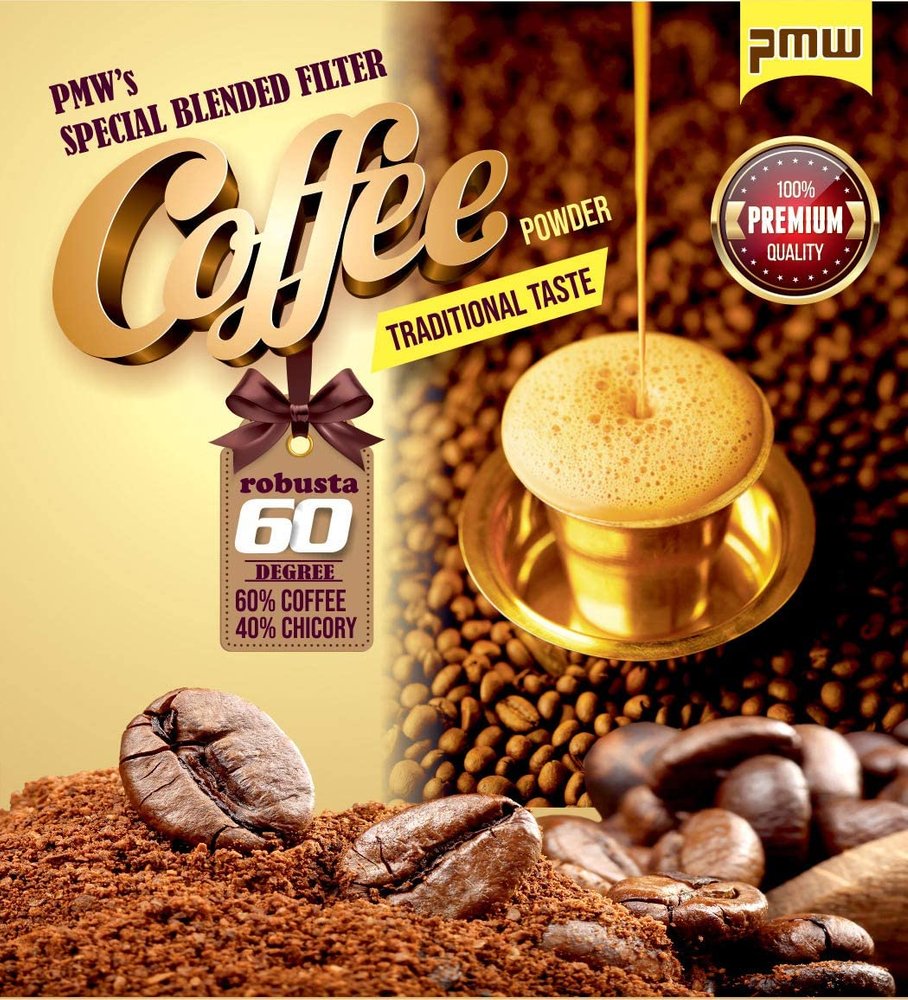 Pmw - Grade A Quality - Fresh - Roasted Coffee Beans Powder - Arabica & Robusta - Coffee 60% + Chicory 40% - 250 Grams