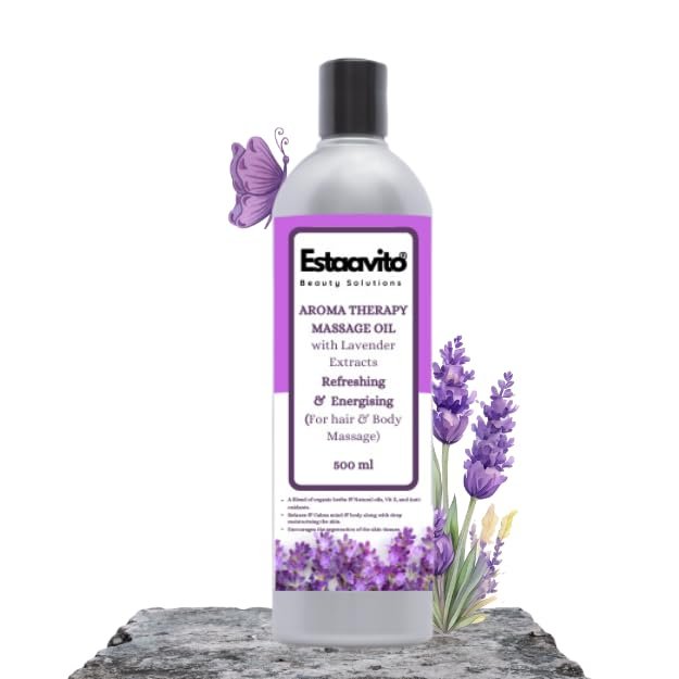ESTAAVITO LAVENDER Massage oil 500ml for Hair and body Massage - RELAXING & CALMING Massage Oil with Vitamin E and Lavender extracts