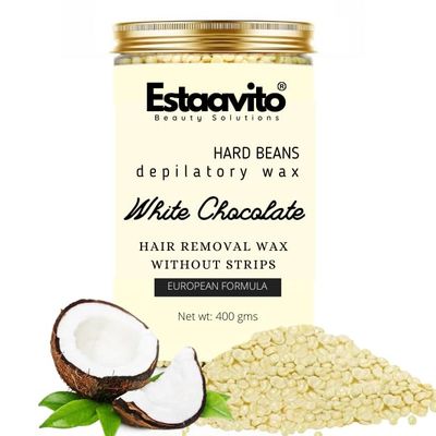 ESTAVITO White Chocolate Hard Beans Depilatory Stripless Wax 400Gm With Free Wooden Applicators Used For Upper Lips, Arms, Legs, Full Body - Women