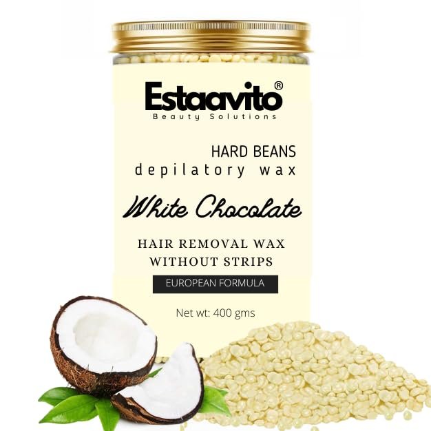 ESTAVITO White Chocolate Hard Beans Depilatory Stripless Wax 400Gm With Free Wooden Applicators Used For Upper Lips, Arms, Legs, Full Body - Women