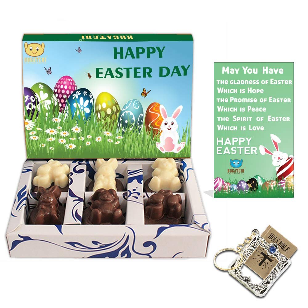 BOGATCHI Easter Bunnies White and Dark Chocolate + Holy Bible Key Chain + Free Happy Easter Card