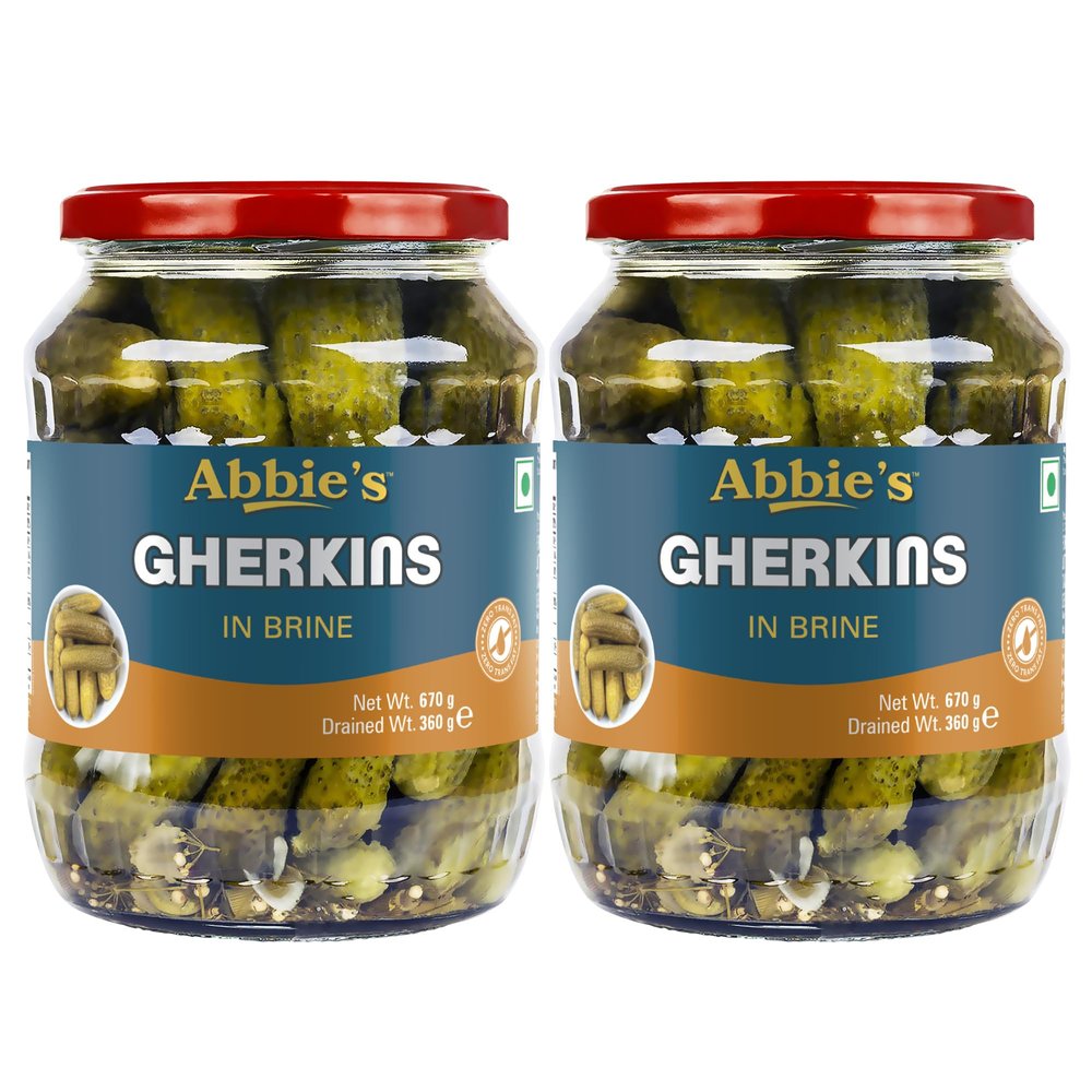 Abbie's Gherkins Big in Brine, 680g, Pack of 2 Ready to Eat | Zero Fat Crunchy Pickle | Perfect Topping for Pizza, Pasta, Sandwich, Burger, Salad , Snacks and More |