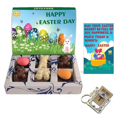 BOGATCHI Chocolate Easter Set Bunnies and Eggs + Holy Bible Key Chain + Free Happy Easter Card