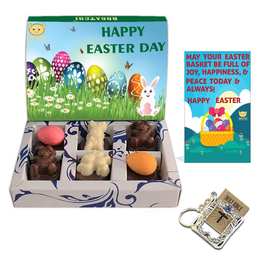 BOGATCHI Chocolate Easter Set Bunnies and Eggs + Holy Bible Key Chain + Free Happy Easter Card