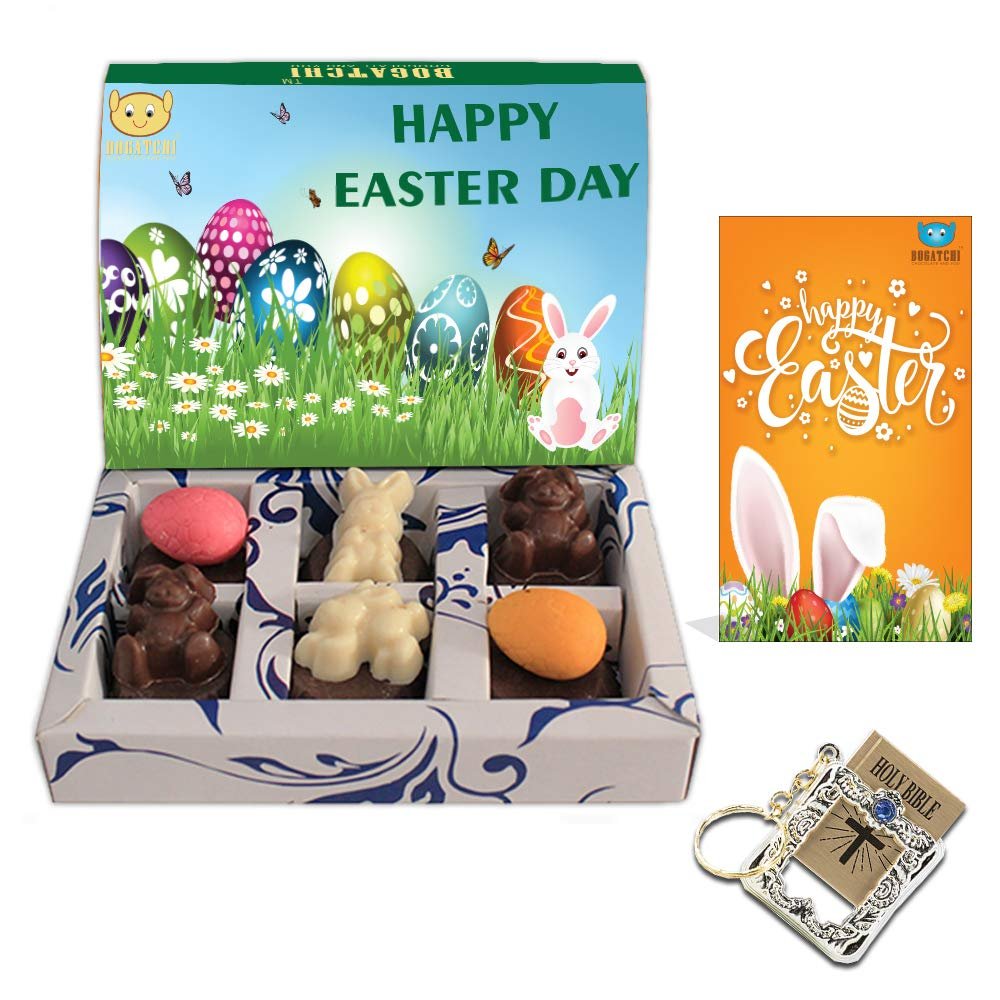 BOGATCHI Chocolate Easter Set Eggs and Bunnies + Holy Bible Key Chain + Free Happy Easter Card