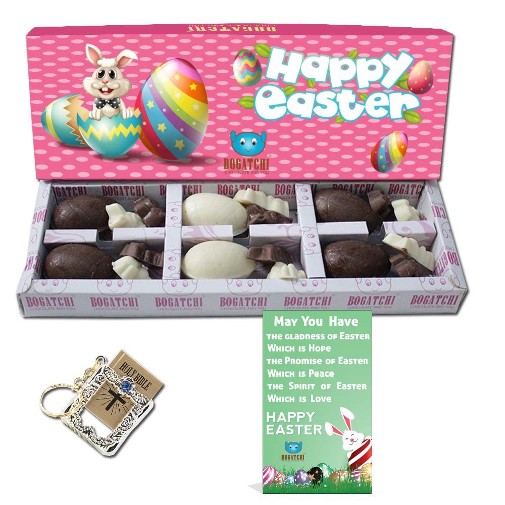 BOGATCHI Chocolate Easter Eggs, 6 pcs and Chocolate Bunnies Gift Set, 12pcs + Holy Bible Key Chain and Free Happy Easter Card