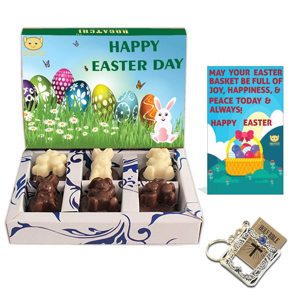BOGATCHI Easter Bunnies Dark and White Chocolate + Holy Bible Key Chain + Free Happy Easter Card