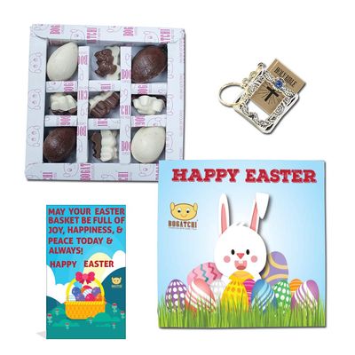 BOGATCHI Chocolate Easter Eggs, 4 pcs and Chocolate Bunnies Gift Set, 10pcs + Holy Bible Key Chain and Free Happy Easter Card