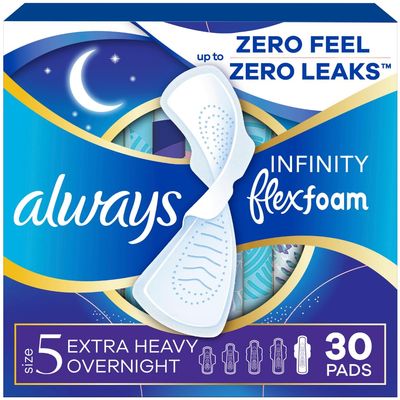 Always Infinity FlexFoam Pads for Women Size 5 Extra Heavy Overnight Absorbency, Up to 12 Hours Zero Leaks, Zero Feel Protection, with Wings Unscented, 30 Count