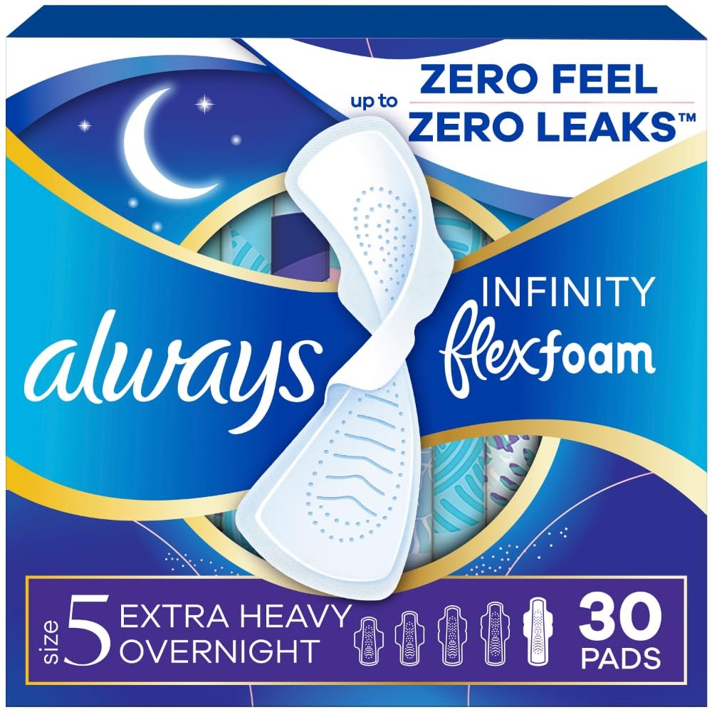 Always Infinity FlexFoam Pads for Women Size 5 Extra Heavy Overnight Absorbency, Up to 12 Hours Zero Leaks, Zero Feel Protection, with Wings Unscented, 30 Count
