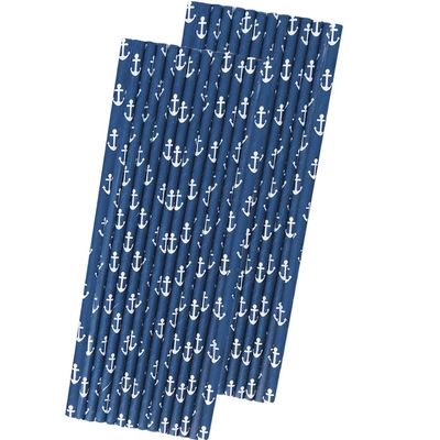 Anchor Nautical Themed Paper Straws - Navy Blue White - 50 Pack