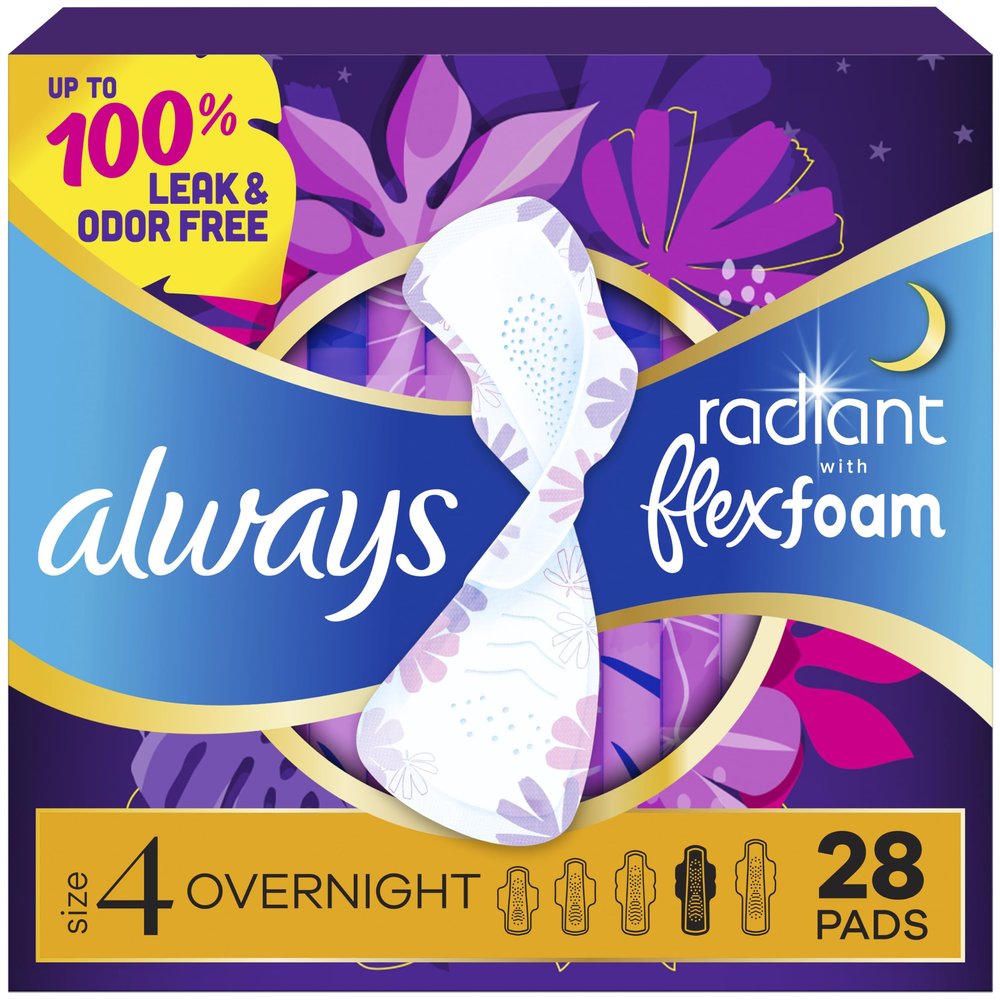 Always Radiant FlexFoam Pads for Women, Size 4, Overnight Absorbency, 100% Leak & Odor Free Protection is Possible, with Wings, Scented, 28 Count
