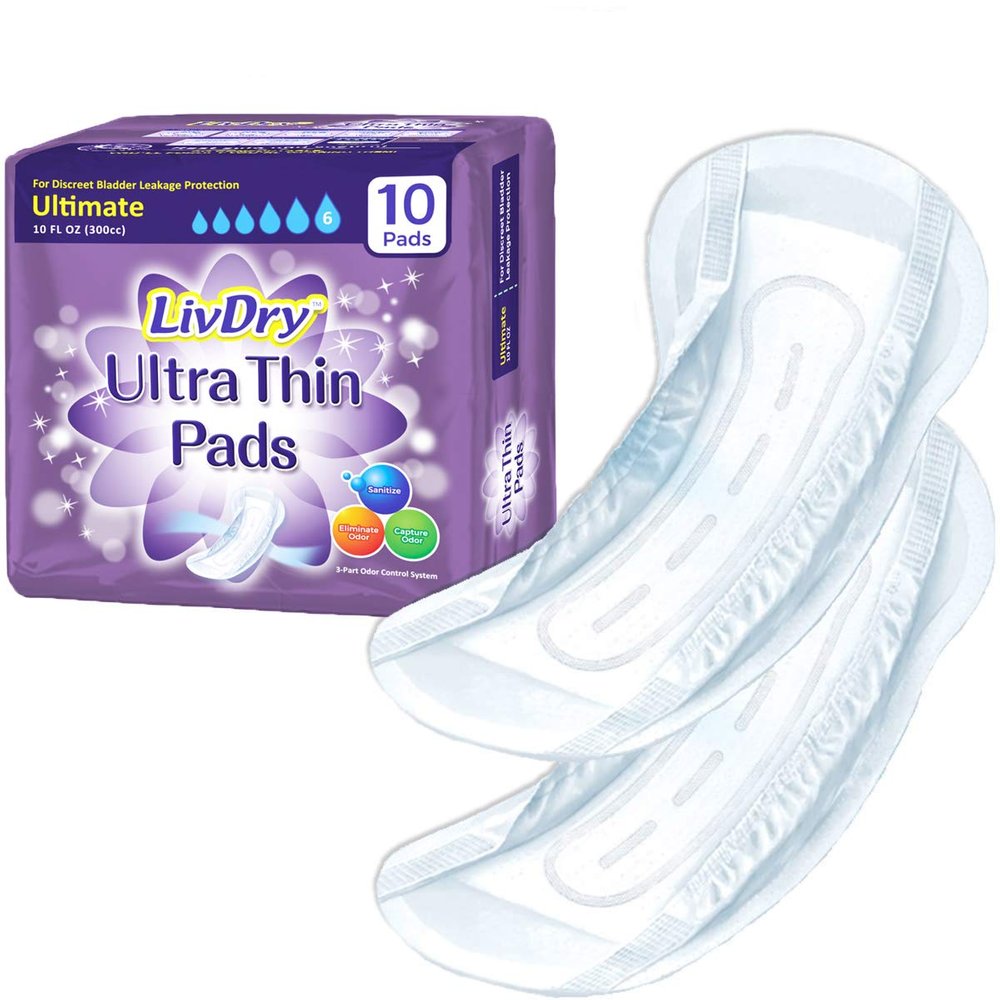 LivDry Incontinence Ultra Thin Pads for Women | Leak Protection and Odor Control | Extra Absorbent (Ultimate 10-Count)