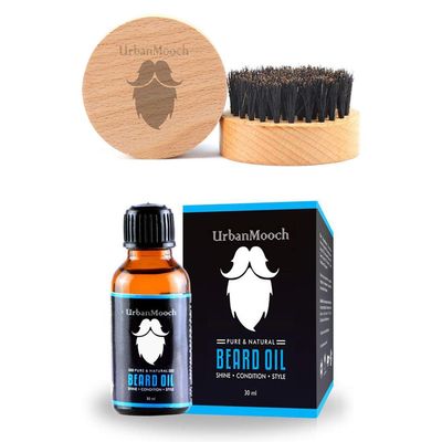 UrbanMooch | Beard Oil & Natural Boar Bristle Beard Brush Combo | Kit of 2 for Men | Shine & Smooth Beard Grooming Set