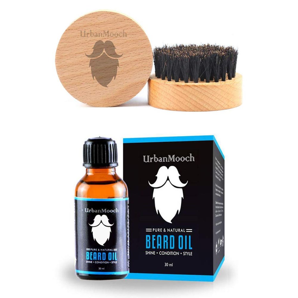 UrbanMooch | Beard Oil & Natural Boar Bristle Beard Brush Combo | Kit of 2 for Men | Shine & Smooth Beard Grooming Set