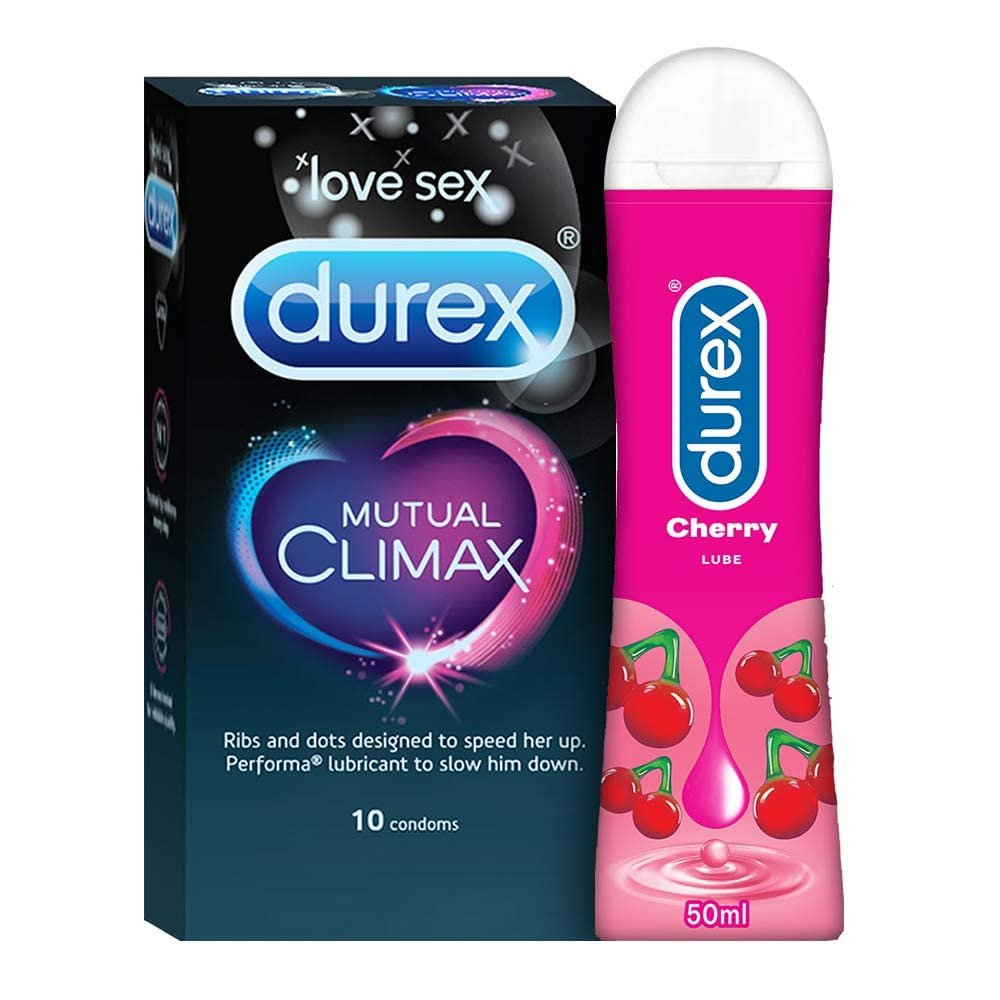 Durex Mutual Climax Condoms for Men & Women - 10 Count with Durex Water based Lube Cherry flavoured Lubricant Gel, Extra Dotted and Ribbed for Pleasure (50ml)