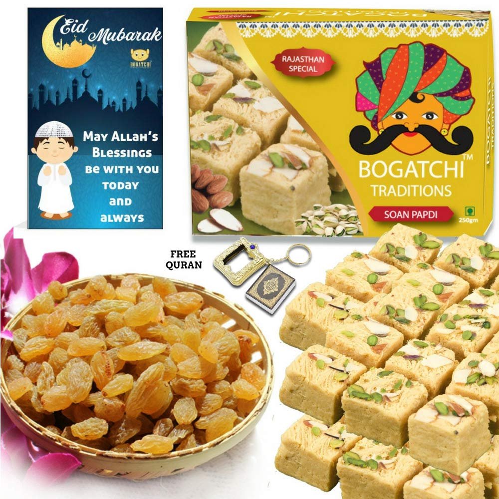 BOGATCHI EID Mubarak Sweets, Soan Papdi and Raisins + Free EID Mubarak Card + Free Quran Sharif