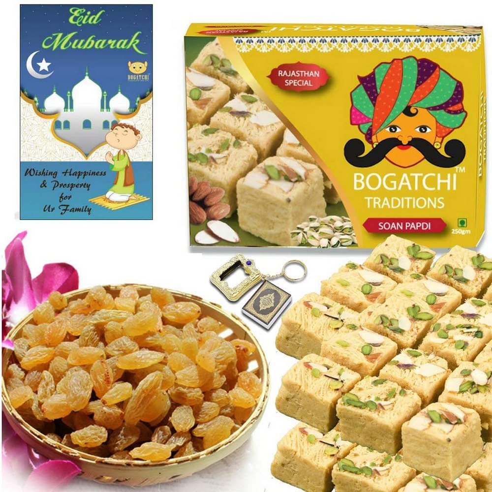 BOGATCHI EID Gifts for Family and Friends, Soan Papdi and Raisins + Free Quran Sharif + Free EID Mubarak Card