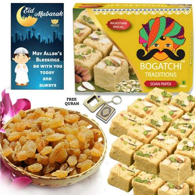 BOGATCHI EID Gifts for Family and Friends, Soan Papdi and Raisins + Free EID Mubarak Card + Free Quran Sharif