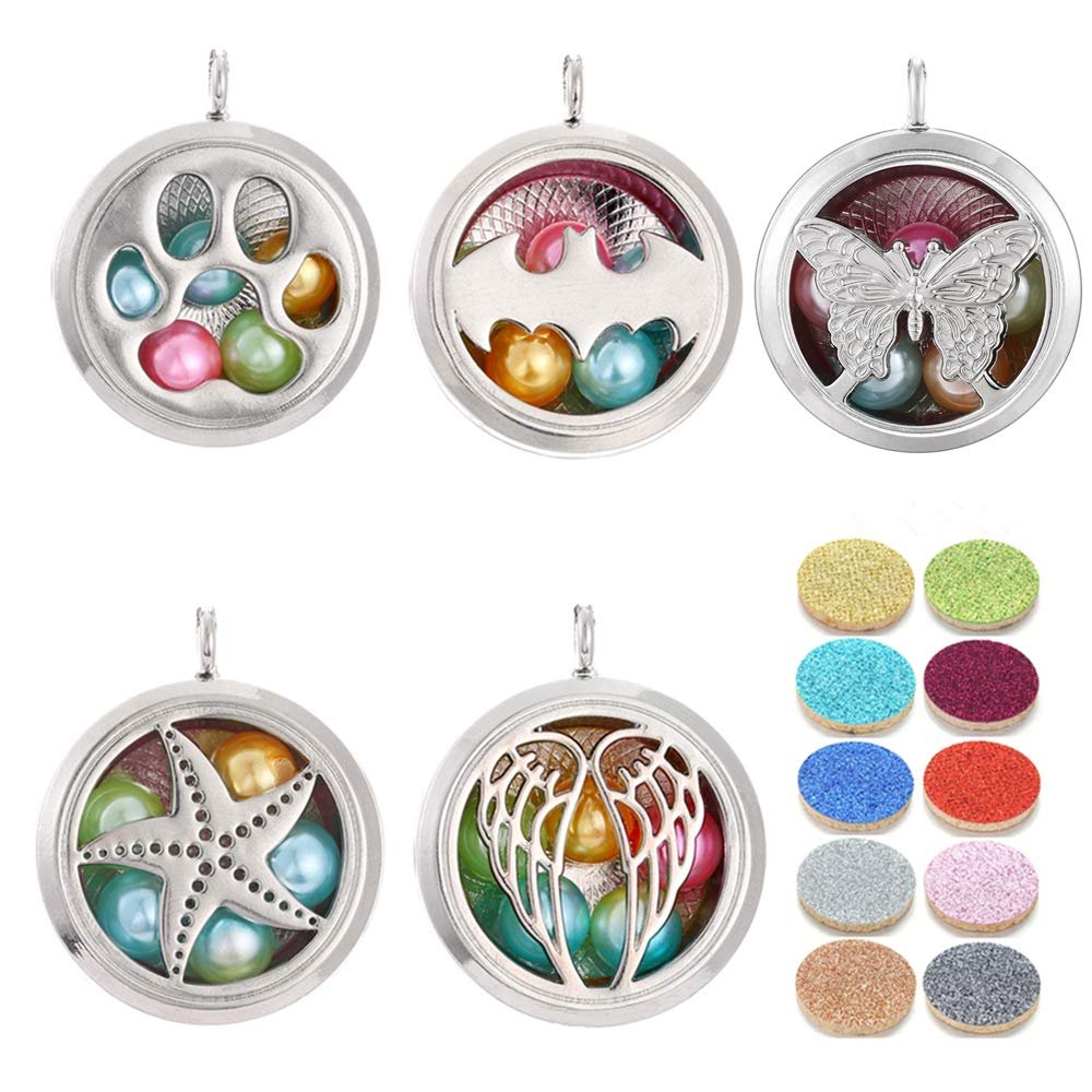 5pcs Mixed Pearl Cage Floating Pendant Aroma Diffuser Charms Stainless Steel Tone Perfume Essential Oil Diffuser Necklace Pendant Locket Jewelry (Style 3)