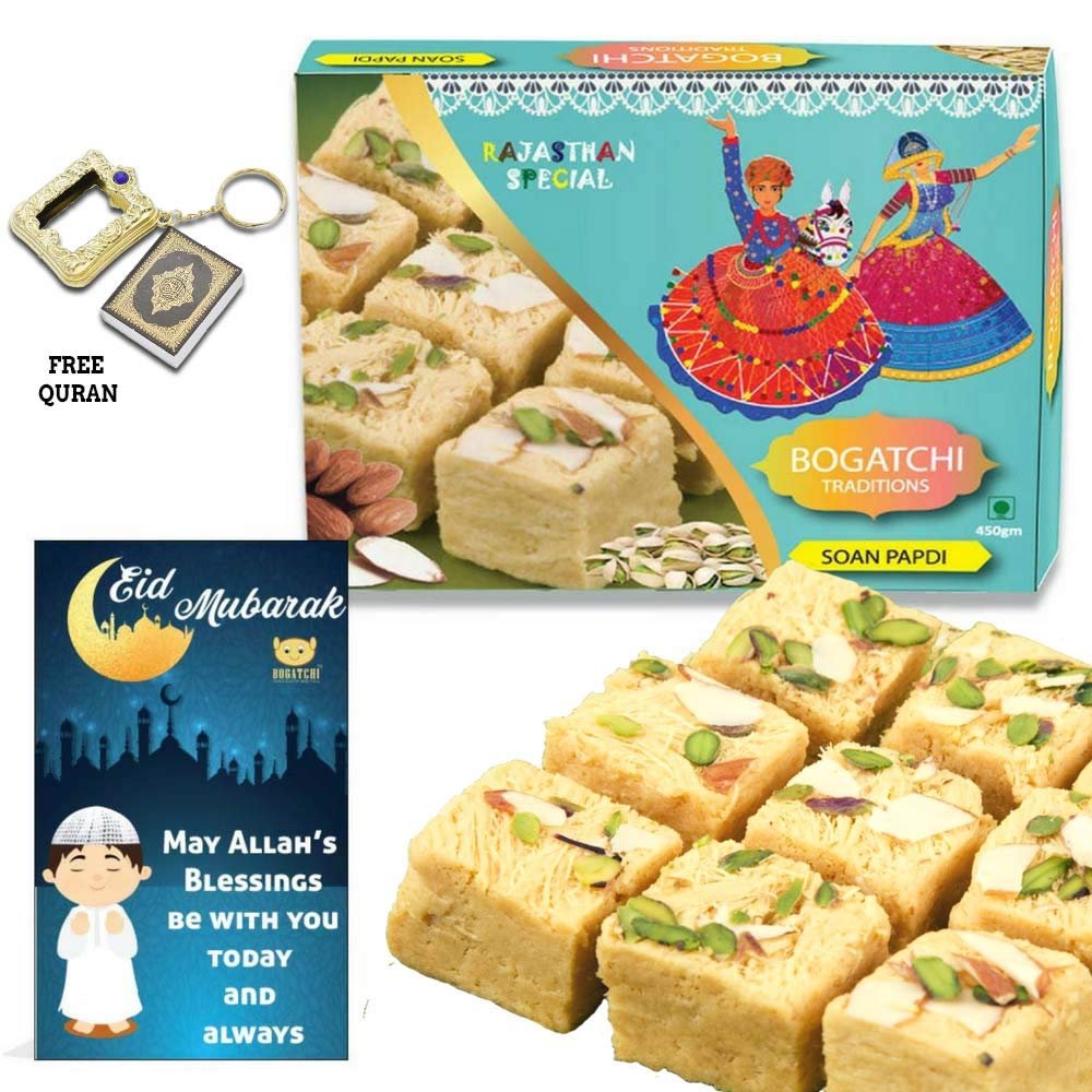 BOGATCHI EID Gifts for Family and Friends Soan Papdi, 400g + Free EID Mubarak Card + Free Holi Quran