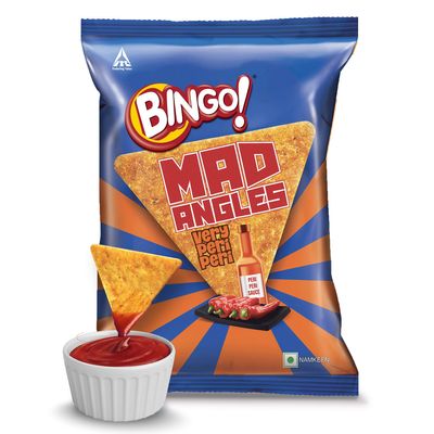 Bingo! Mad Angles Very Peri Peri - Spicy & Crunchy Corn-Based Triangle Chips Pack for Snacks 117/130gram (Weight may vary)