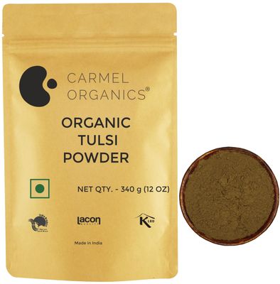 CARMEL ORGANICS Tulsi Leaves Powder (340 Grams)| Jaivik Bharat Certified | Holy Basil Powder For Health, Skin & Hair| Non GMO | No Added Preservative | Thulasi Podi/Tulasi Podi/Tulasi Hudi