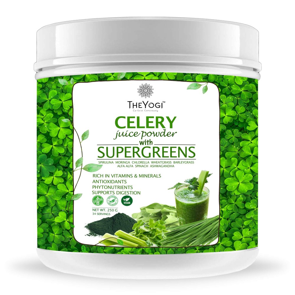 The Yogi Celery Juice Powder with Supergreens & Daily Superfoods Immunity Booster - 250gms Antioxidant and Detox Drink with (Organic Wheat Grass, Alfalfa, Barley Grass, Spinach, Spirulina, Moringa, Chlorella and Ashwagandha)