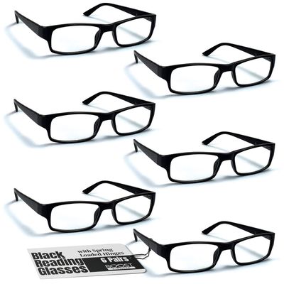 6 Pack Reading Glasses by BOOST EYEWEAR, Traditional Black Frames, for Men and Women, with Comfort Spring Loaded Hinges, Black, 6 Pairs (+2.50)