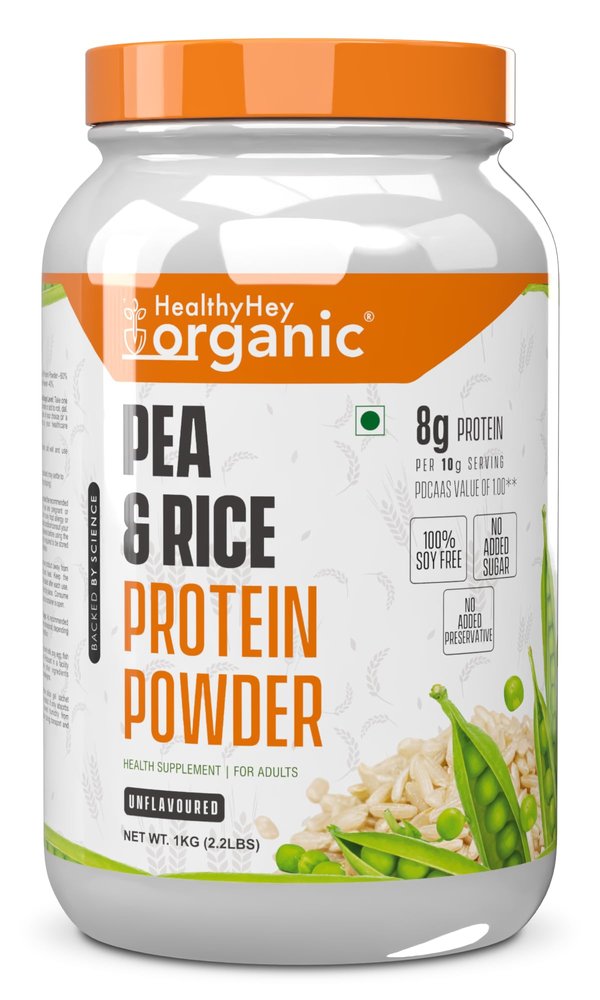 HealthyHey Organic Raw Pea & Rice Protein Powder -100% Plant Protein Powder Gluten free (Unflavoured - 1 Kg)