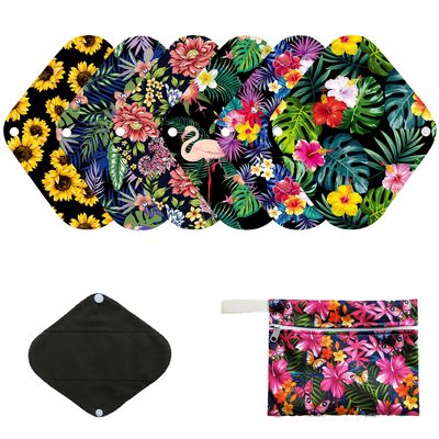 7pcs Pack Cloth Pads Including 1pc Mini Wet Bag +6pcs 8 Inch Bamboo Charcoal Cloth Menstrual Pads/Reusable Sanitary Pads/Mama Panty Liners