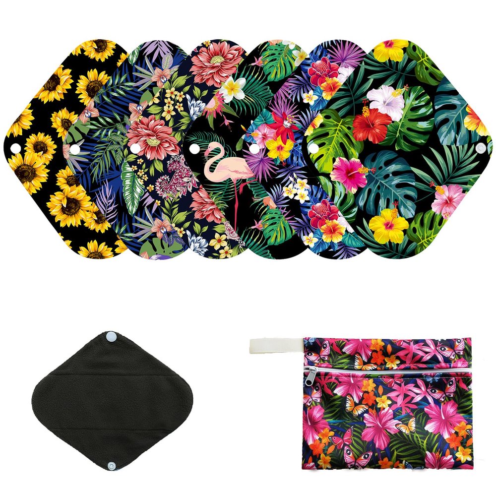 7pcs Pack Cloth Pads Including 1pc Mini Wet Bag +6pcs 8 Inch Bamboo Charcoal Cloth Menstrual Pads/Reusable Sanitary Pads/Mama Panty Liners