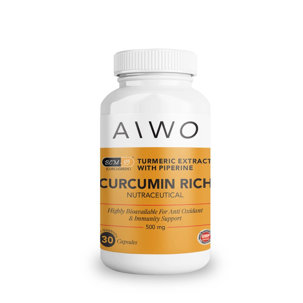 AiWO Curcumin Rich | BCM 95 Curcumin With Piperine Capsules | Turmeric Extract For Liver, Bones, Joints (30 Capsules)