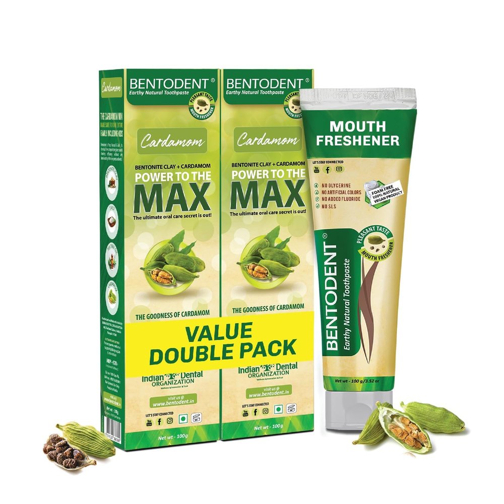 Bentodent Natural Toothpaste | Herbal Whitening & Daily Oral Detox | SLS, Fluoride & Foam Free | Safe for Kids & Family | Cardamom Freshness | Remineralizing Toothpaste (Cardamom Pack of 2, Qty 200g)