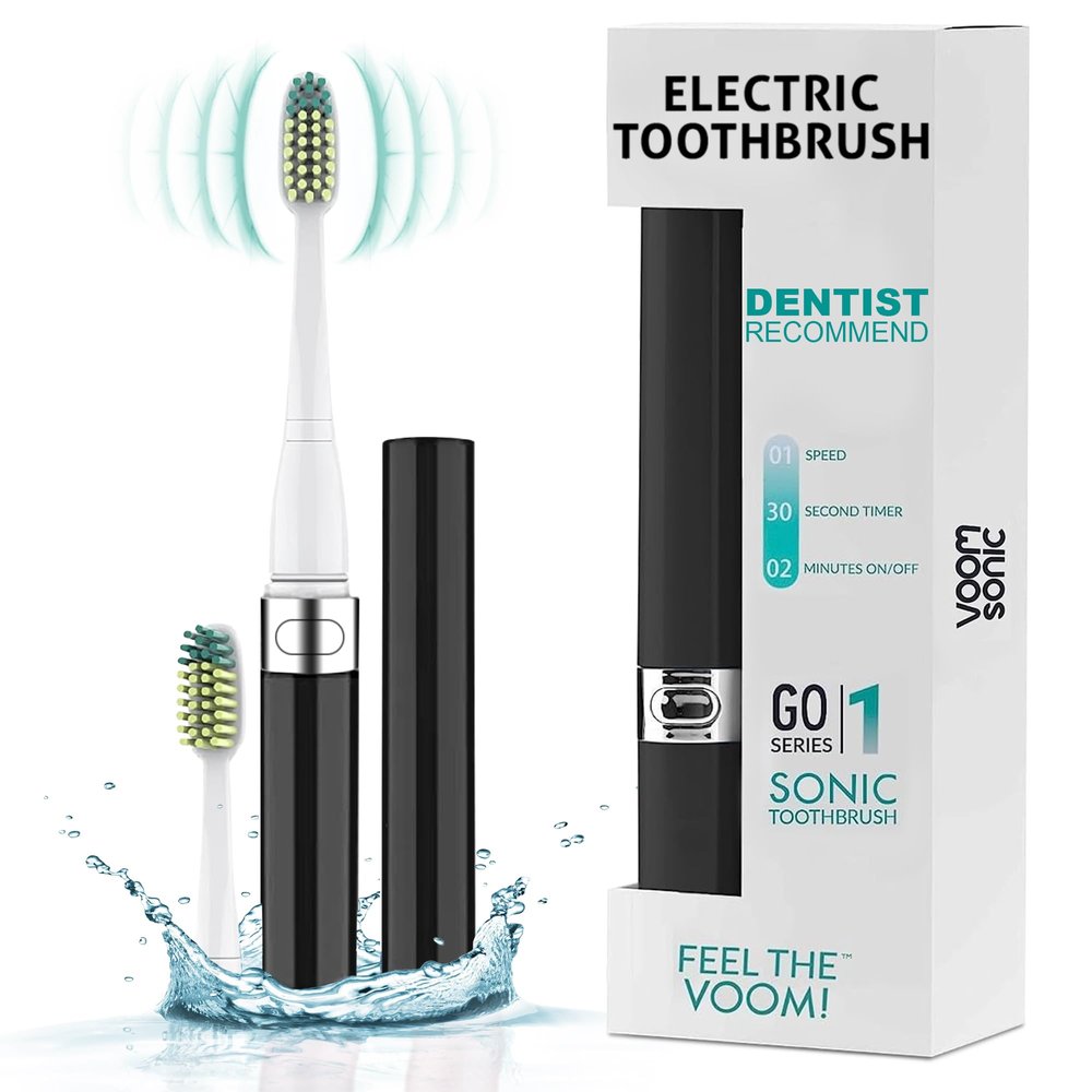 Voom Sonic Go 1 Series Travel Electric Toothbrush | Battery Operated Toothbrush for Adults & Kids, Dentist Recommended, Portable w/ 2 Minute Timer (Black)
