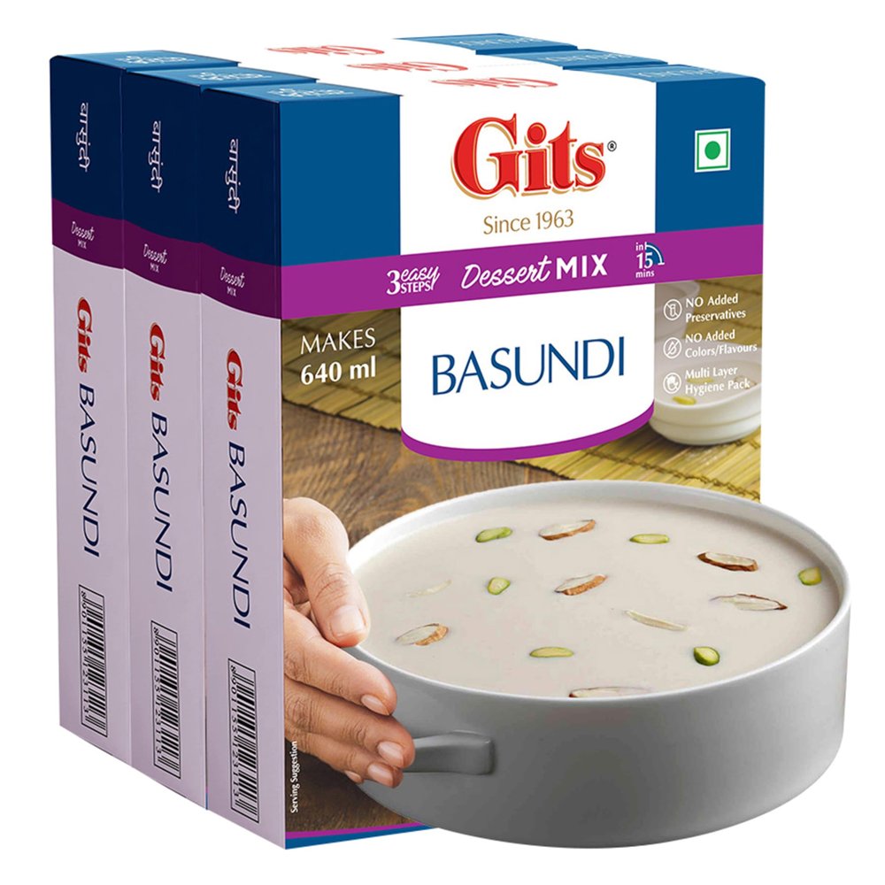 Gits Instant Basundi Dessert Mix, Pure Veg, Indian Sweet and Dessert Ready Mix, 375 g (Pack of 3, 125g Each)