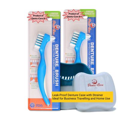 Dentu-Care Denture Case with 2 Denture Cleaning Brushes, Retainer Case with Lid and Draining Basket for Cleaning and Storing