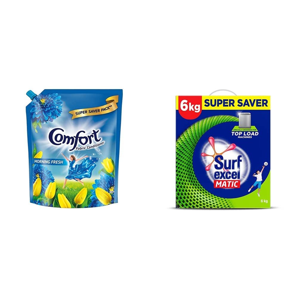 Comfort After Wash Morning Fresh Fabric Conditioner Pouch - 2 L & Matic Top Load Detergent Powder - 4 Kg with Free 2 Kg Combo